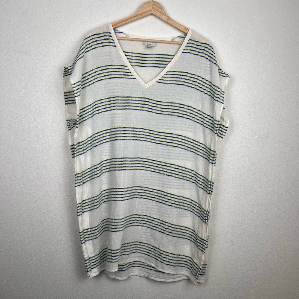 JCrew Tunic Womens Small Blue Yellow White Striped Oversized Beach Breezy Preppy